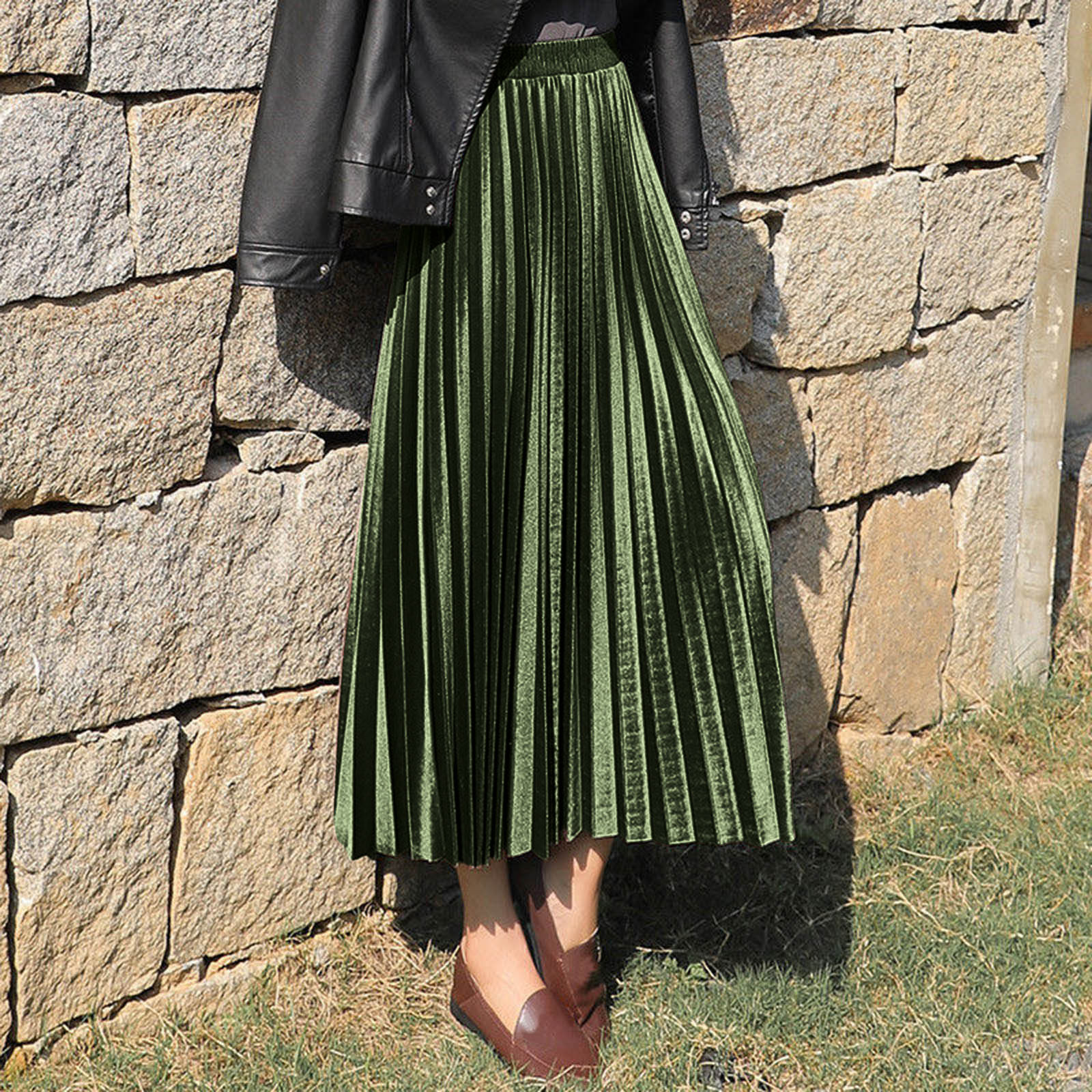 thumbnail image 2 of Falda plisada de terciopelo para mujer: cintura alta, diseño envolvente en las caderas, tejido elástico para todas las estaciones (S-XXL), 2 of 4